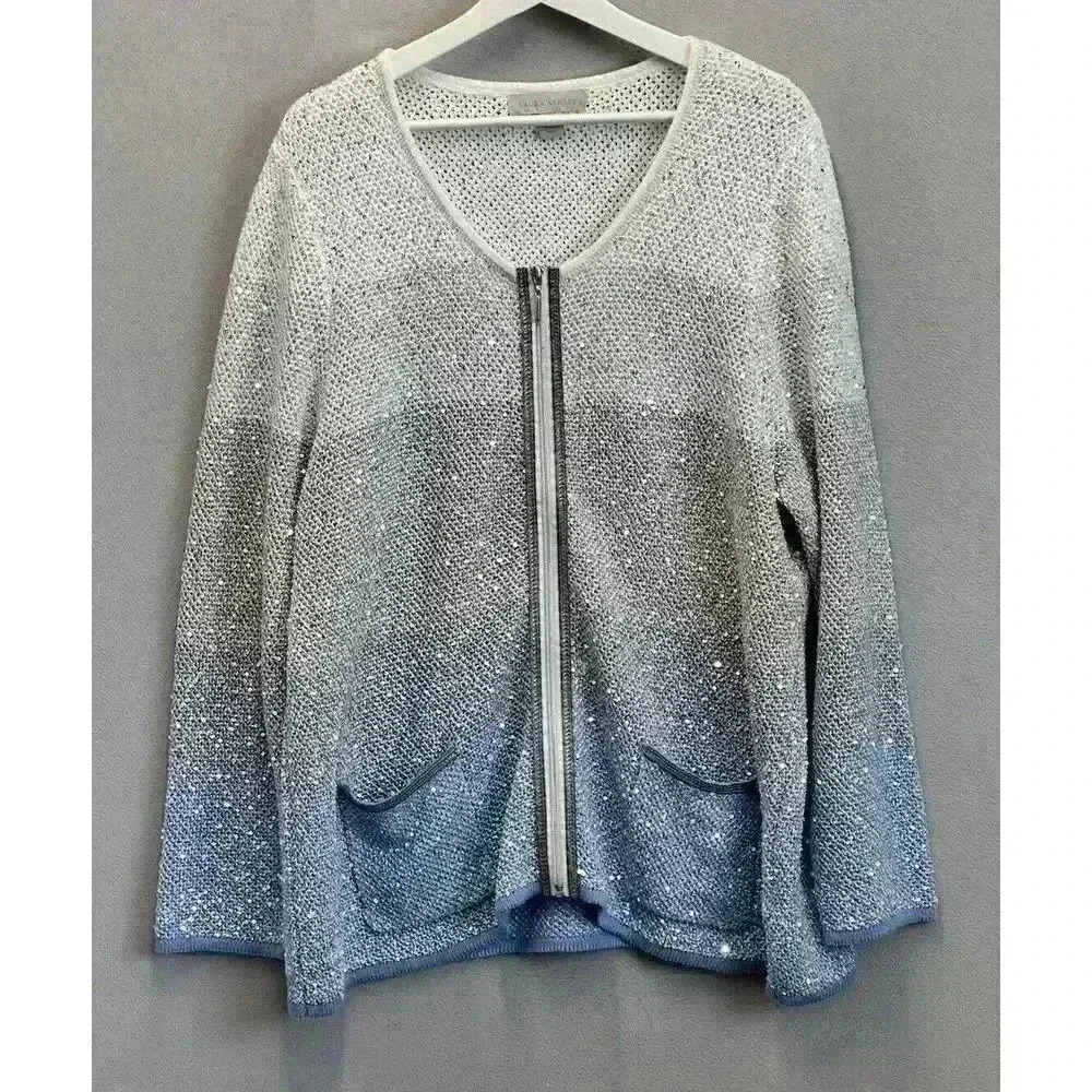 Laura Ashley Women's Plus Sz 2X‎ White Blue Ombré Sequin Zip Up Sweater